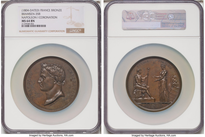 Napoleon bronze "Coronation" Medal 1804-Dated MS64 Brown NGC, Bram-358. 68mm. By...