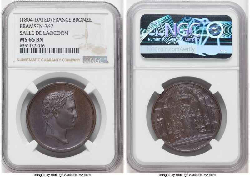 Napoleon bronze "Salle de Laocoon" Medal 1804-Dated MS65 Brown NGC, Bram-367. 35...