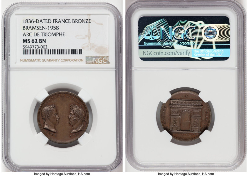 Louis Philippe bronze "Arc de Triomphe" Medal 1836-Dated MS62 Brown NGC, Bram-19...