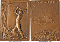 Republic bronze "Lens Mines" Plaque 1899 UNC, Paris mint. 47x68mm. 76.41gm. Edge: BRONZE (cornucopia). By O. Roty. RENDRE A L'HOMME PAR LE TRAVAIL LES...