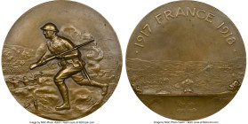 Republic bronze "United States Involvement in the Great War" Medal 1918-Dated MS63 Brown NGC, 63mm. By M. Lordonnois. American soldier running through...