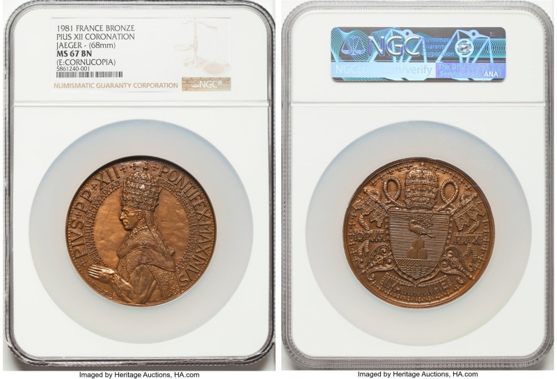 Republic bronze "Pius XII Coronation" Restrike Medal 1981 MS67 Brown NGC, 68mm. ...