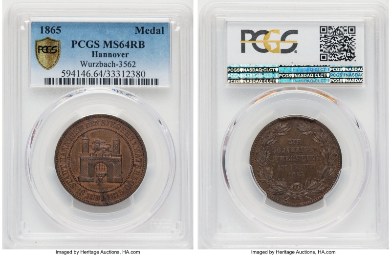 Hannover. Georg V Specimen "Waterloo 50th Anniversary" Medal 1865 SP64 Red and B...
