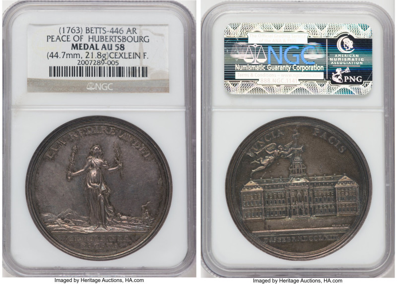 Prussia. "Peace of Hubertsbourg" silver Medal ND (1763) AU58 NGC, Betts-446. 44....
