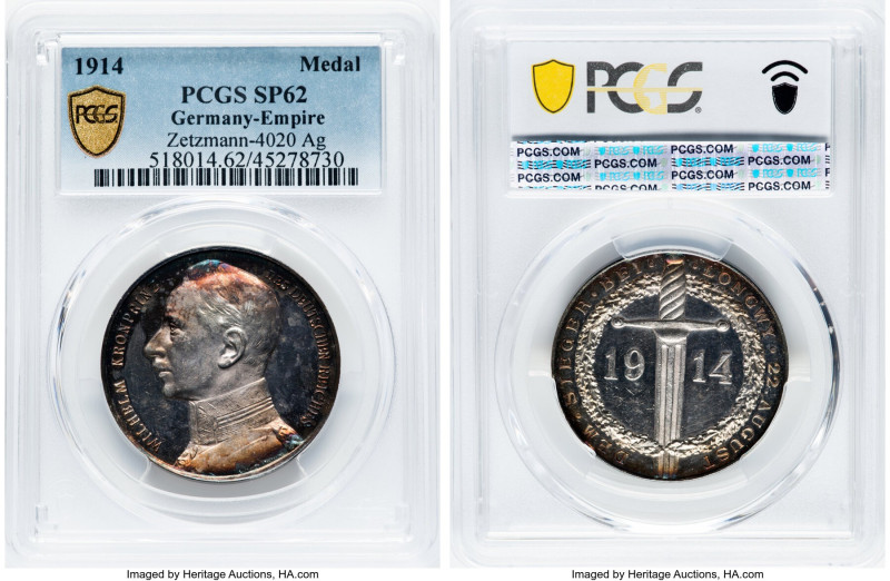Wilhelm II silver Specimen "Victory at Longwy" Medal 1914 SP62 PCGS, Zetzmann-40...