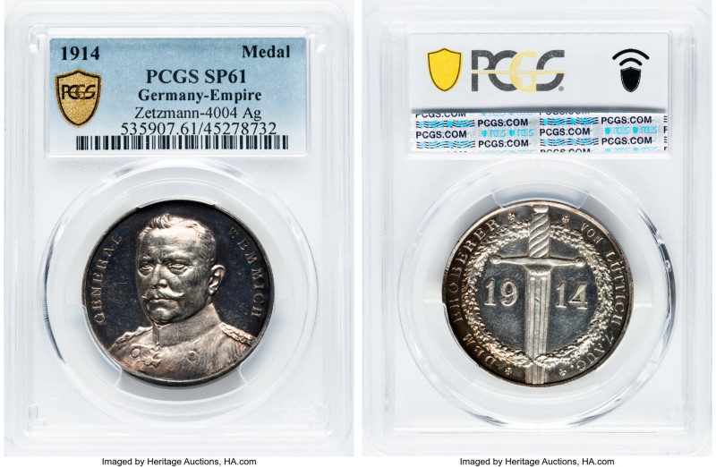 Wilhelm II silver Specimen "General Otto von Emmich" Medal 1914 SP61 PCGS, Zetzm...