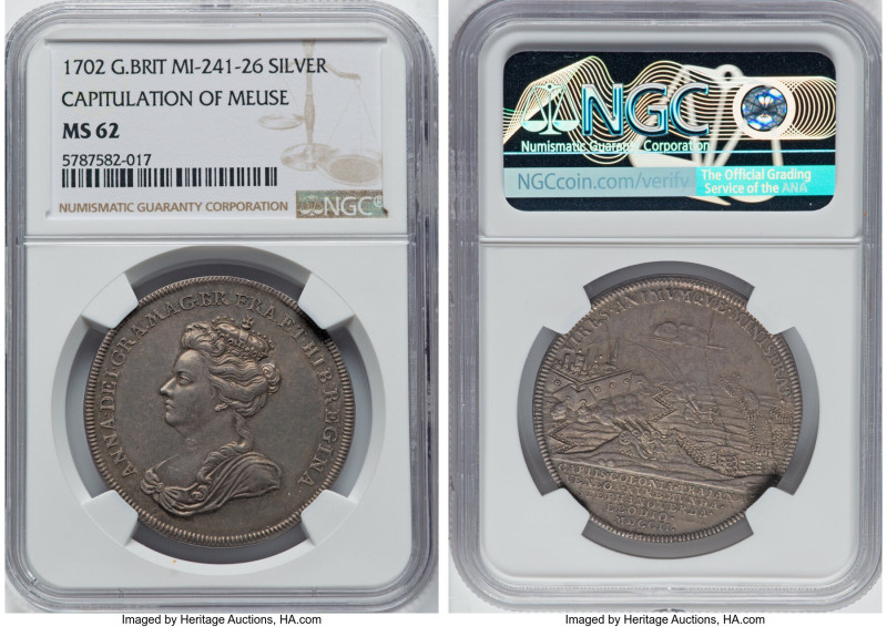 Anne silver "Capitulation of Meuse" Medal 1702 MS62 NGC, MI-241-26, Eimer-396. 3...