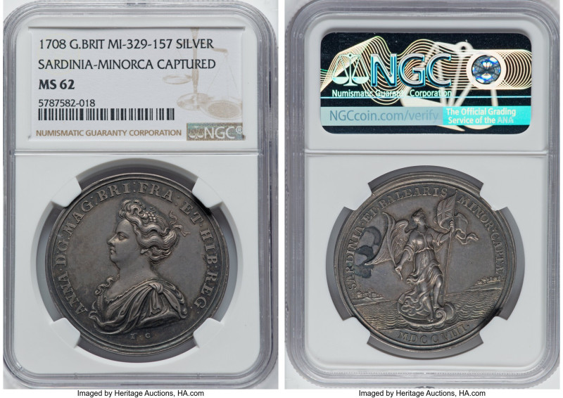Anne silver "Sardinia-Minorca Captured" Medal 1708 MS62 NGC, MI-329-157, Eimer-4...