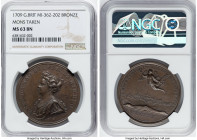 Anne bronze "Mons Taken" Medal 1709 MS63 Brown NGC, MI-362-202, Eimer-440. 40mm. By J. Croker and S. Bull. ANNA D G MAG BRI FRA ET HIB REG Draped bust...