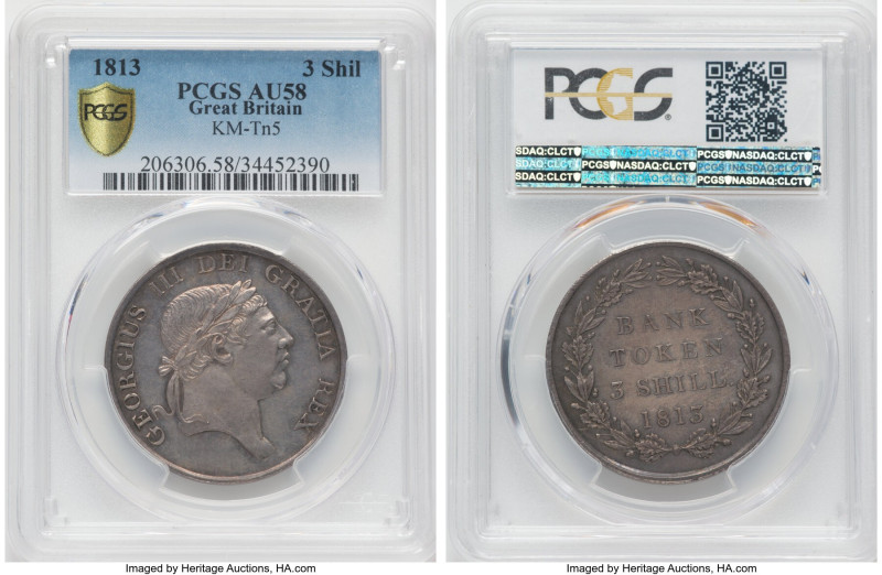 George III 3 Shilling Bank Token 1813 AU58 PCGS, KM-Tn5, S-3770. GEORGIUS III DE...