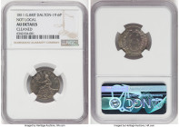 Not Local 6 Pence Token 1811 AU Details (Cleaned) NGC, Dalton-19. Milled edge. BRITANNIA Britannia holding holding branch seated left on cannon // Wre...