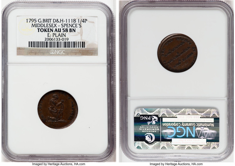 Middlesex. Spence's copper Farthing Token 1795 AU58 Brown NGC, D&H-1118. Plain e...