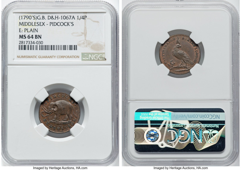 Middlesex. Pidcock's Farthing Token ND (1790s) MS64 Brown NGC, D&H-1067a. Plain ...