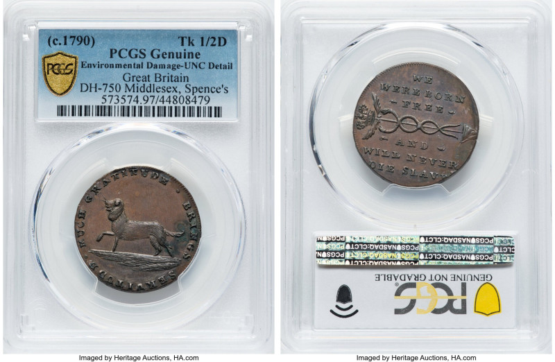 Middlesex. Spence's 1/2 Penny Token ND (c. 1790) UNC Details (Environmental Dama...