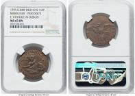 Middlesex. "Pidcock's" 1/2 Penny 1795 MS65 Brown NGC, D&H-415. Edge: PAYABLE IN DUBLIN OR LONDON. EXETER CHANGE LONDON PICOCKS EXHIBITION A lion couch...