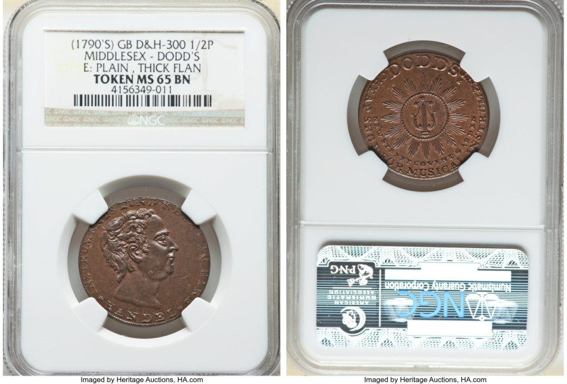 Middlesex. Dodd's copper 1/2 Penny Token ND (1790s) MS65 Brown NGC, D&H-300. Pla...