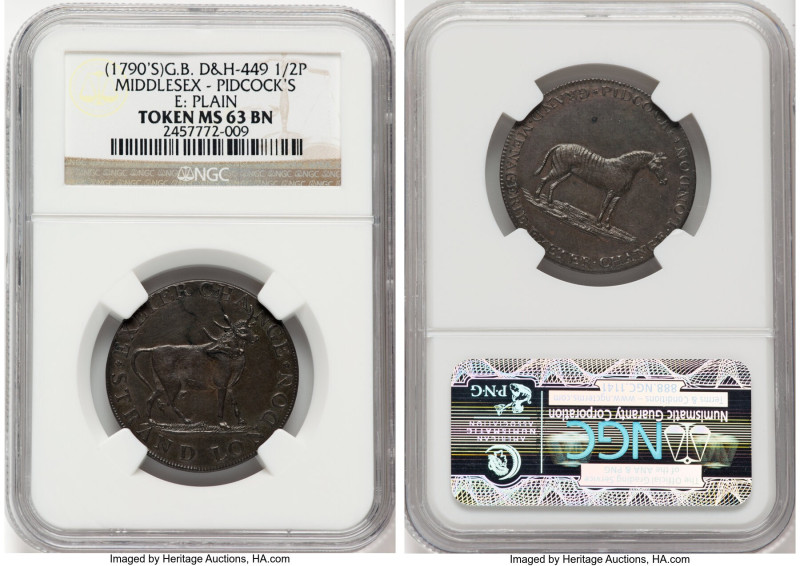 Middlesex. Pidcock's 1/2 Penny Token ND (1790s) MS63 Brown NGC, D&H-449 (S). Pla...
