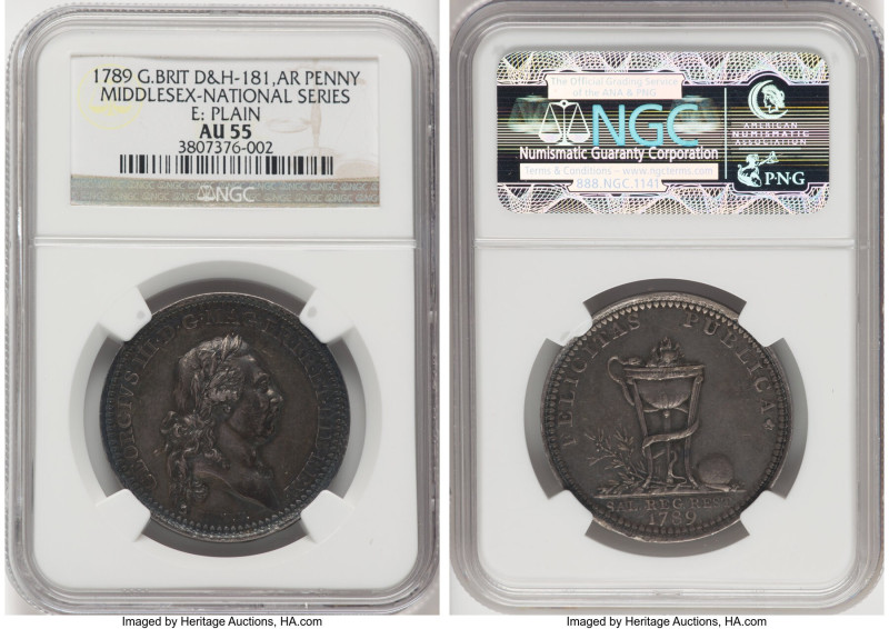 Middlesex. George III silver Penny Token 1789 AU55 NGC, D&H-181. National Series...