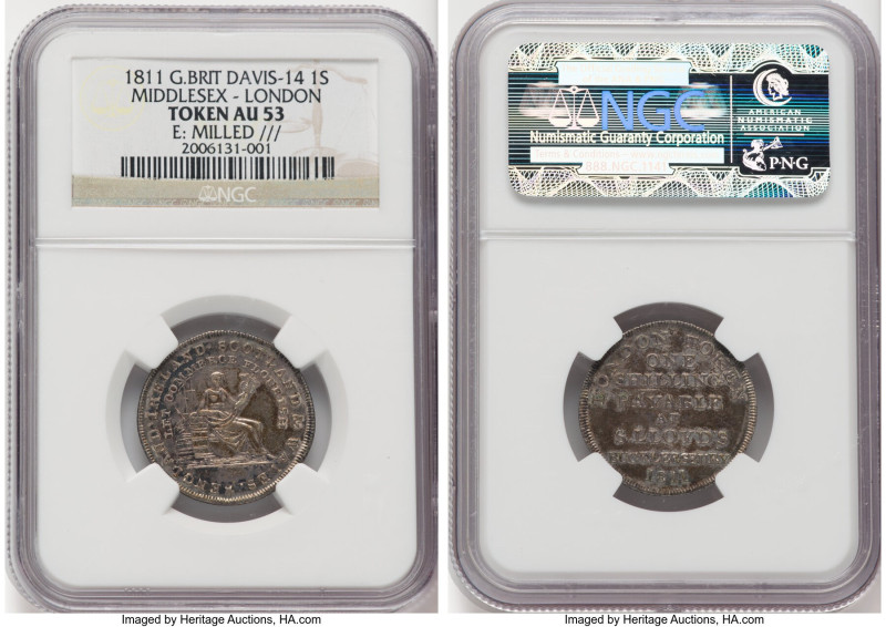 Middlesex. London Shilling Token 1811 AU53 NGC, Davis-14. Milled edge. ENGLAND I...