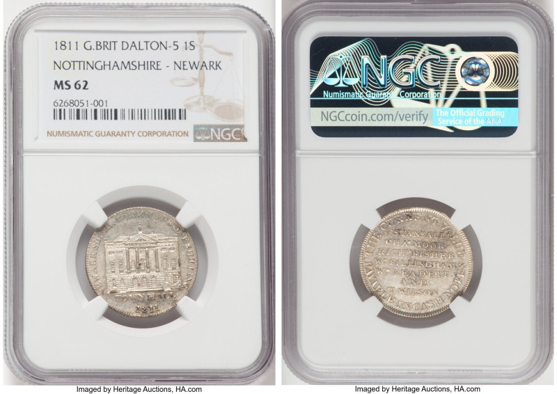 Nottinghamshire. Newark silver Shilling Token 1811 MS62 NGC, Dalton-5. Milled ed...
