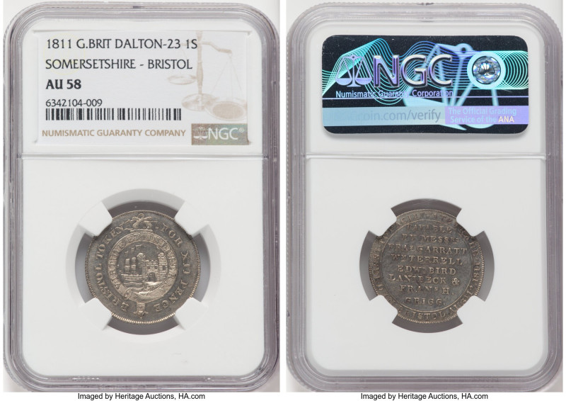 Somersetshire. Bristol Shilling Token 1811 AU58 NGC, Dalton-23. Milled edge. BRI...