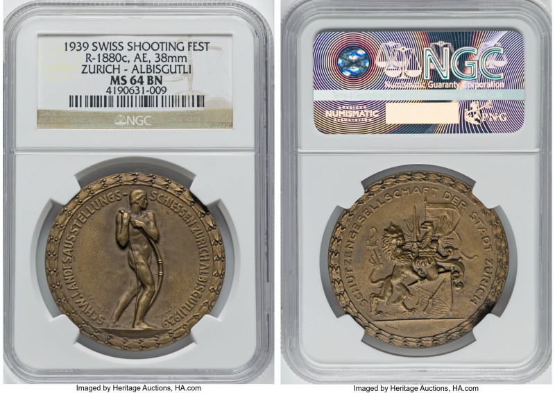 Confederation bronze "Zurich-Albisgutli Shooting Festival Wreath Badge" Medal 19...