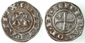 Zecche Italiane. Brindisi. Enrico VI e Costanza d'Altavilla. 1194-1197. Denaro con AP e omega. Mi. Sp. 30. Peso 0,80 gr. Diametro 17 mm. SPL. Buon arg...