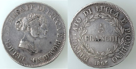 Zecche Italiane. Lucca e Piombino. Elisa Bonaparte e Felice Baciocchi. 1805-1814. 5 franchi 1805. Ag. Gig. 1. Peso gr. 24,80. Diametro mm. 37. BB. R....