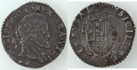 Zecche Italiane. Napoli. Filippo II. 1556-1598. Tarì IAF CI. Ag. Mag. 64/5. Peso gr. 5,86. Diametro mm. 27. SPL. Bella patina. R. (5822)