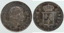 Zecche Italiane. Napoli. Ferdinando II. 1830-1859. Mezzo carlino 1838. Ag. Gig. 174. Peso gr. 1,19. Diametro mm. 16,50. qFDC. Patina iridescente e fon...