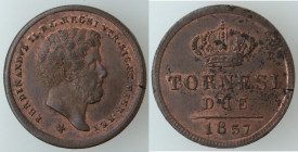 Zecche Italiane. Napoli. Ferdinando II. 1830-1859. 2 tornesi 1857. Ae. Mag. 745. Peso gr. 6,27. qFDC. Rame rosso. Frattura del tondello marginale. (15...