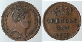 Zecche Italiane. Napoli. Ferdinando II. 1830-1859. Tornese 1844. Ae. Mag. 772. Peso gr. 3,20. Diametro mm. 19. BB+. Marginale difetto del tondello. NC...