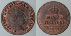 Zecche Italiane. Napoli. Ferdinando II. 1830-1859. Mezzo Tornese 1851. Ae. Mag. 800. Peso gr. 1,63. Diametro mm. 17. FDC. Conservazione eccezionale. R...