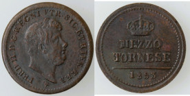 Zecche Italiane. Napoli. Ferdinando II. 1830-1859. Mezzo Tornese 1853. Ae. Mag. 802a. Peso gr. 1,64. Diametro mm. 16,50. qFDC. R.