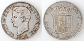 Zecche Italiane. Napoli. Francesco II. 1859-1861. Piastra 1859. Ag. Mag. 806. Peso gr. 27,51. Diametro mm. 37. SPL. (3218)