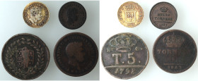 Zecche Italiane. Napoli. Lotto di 4 Pezzi. 5 Tornesi 1798. Ae, 3 Tornesi 1847. Rara, 5 Grana 1836. Ag., Mezzo Tornese 1835. Ae. Mediamente qBB.