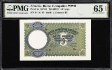 ALBANIA. Banca Nazionale d'Albania. 5 Franga, ND (1939). P-6a. Italian Occupation WWII. PMG Gem Uncirculated 65 EPQ.

Estimate: $75.00- $100.00