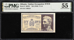 ALBANIA. Banca Nazionale d'Albania. 2 Lek, ND (1940). P-9. Italian Occupation WWII. PMG About Uncirculated 55.

Estimate: $150.00- $200.00
