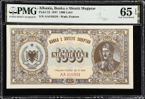 ALBANIA. Banka E Shtetit Shqiptar. 1000 Leke, 1947. P-23. PMG Gem Uncirculated 65 EPQ.

Estimate: $150.00- $300.00