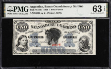 ARGENTINA. Banco Oxandaburu y Garbino. 1 Peso Fuerte, 1869. P-S1791. PMG Choice Uncirculated 63 EPQ.
Unsigned.

Estimate: $100.00- $200.00