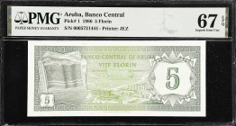 ARUBA. Banco Central di Aruba. 5 Florin, 1986. P-1. PMG Superb Gem Uncirculated 67 EPQ.
A Super GEM67 example of this classis Pick 1 example from Aru...