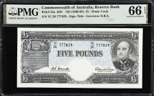 AUSTRALIA. Lot of (3). Reserve Bank of Australia. 10 Shillings, 1 & 5 Pounds, ND (1960-65). P-33a, 34a, & 35a. PMG Gem Uncirculated 65 EPQ & Gem Uncir...