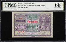 AUSTRIA. Oesterreichische Nationalbank. 1 Schilling on 10,000 Kronen, 1924. P-87. PMG Gem Uncirculated 66 EPQ.

Estimate: $75.00- $100.00