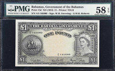 BAHAMAS. Government of the Bahamas. 1 Pound, ND (1953). P-15d. PMG Choice About Uncirculated 58 EPQ.
From the Scott Lindquist Collection.

Estimate...