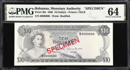 BAHAMAS. Bahamas Monetary Authority. 10 Dollars, 1968. P-30s. Specimen. PMG Choice Uncirculated 64.

Estimate: $100.00- $200.00