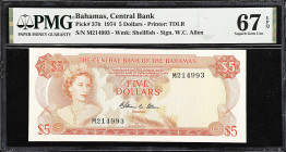 BAHAMAS. Central Bank of the Bahamas. 5 Dollars, 1974. P-37b. PMG Superb Gem Uncirculated 67 EPQ.

Estimate: $250.00- $450.00