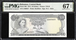 BAHAMAS. Central Bank of the Bahamas. 10 Dollars, 1974. P-38b. PMG Superb Gem Uncirculated 67 EPQ.

Estimate: $250.00- $450.00