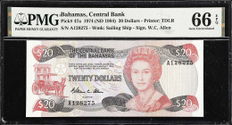 BAHAMAS. Central Bank of the Bahamas. 20 Dollars, 1974 (ND 1984). P-47a. PMG Gem Uncirculated 66 EPQ.
A higher denomination example from this always ...