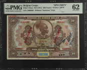 BELGIAN CONGO. Banque du Congo Belge. 500 Francs, ND (1941). P-18Aas. Specimen. PMG Uncirculated 62.
Printed by ABNC. Without "Emission" overprint. R...