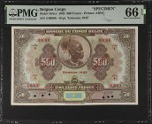 BELGIAN CONGO. Banque du Congo Belge. 500 Francs, 1945. P-18Acs. Specimen. PMG Gem Uncirculated 66 EPQ.
Printed by ABNC. Overprint "Emission 1945". R...